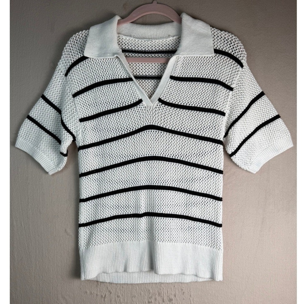Crochet Weave Open Knit Polo Shirt Sweater Short Sleeve White Black Stripe Small